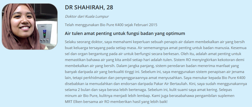 Testimoni Penapis Air Reverse Osmosis Bio Pure Elken Malaysia